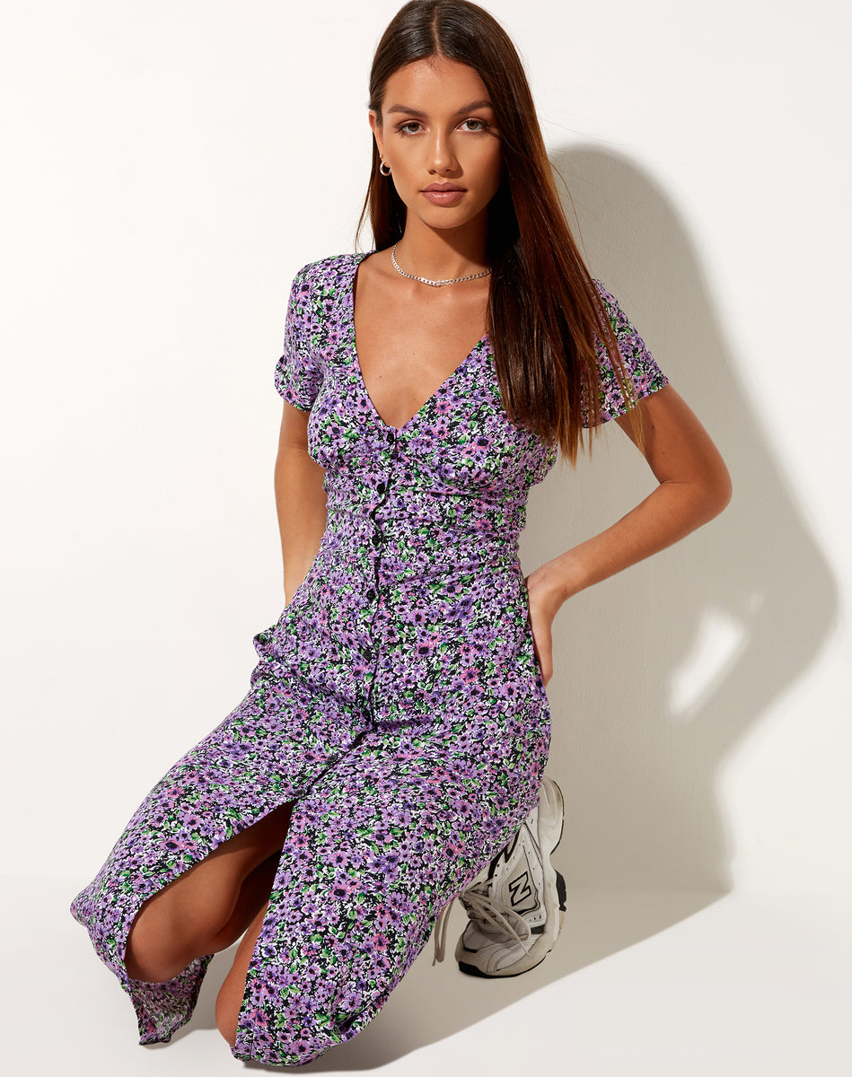 Short Sleeve Lilac Purple Floral Midi ...